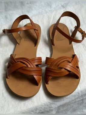 Ancient Greek Sandals Electra Cognac Woven Leather Flat Sandals Sz 39